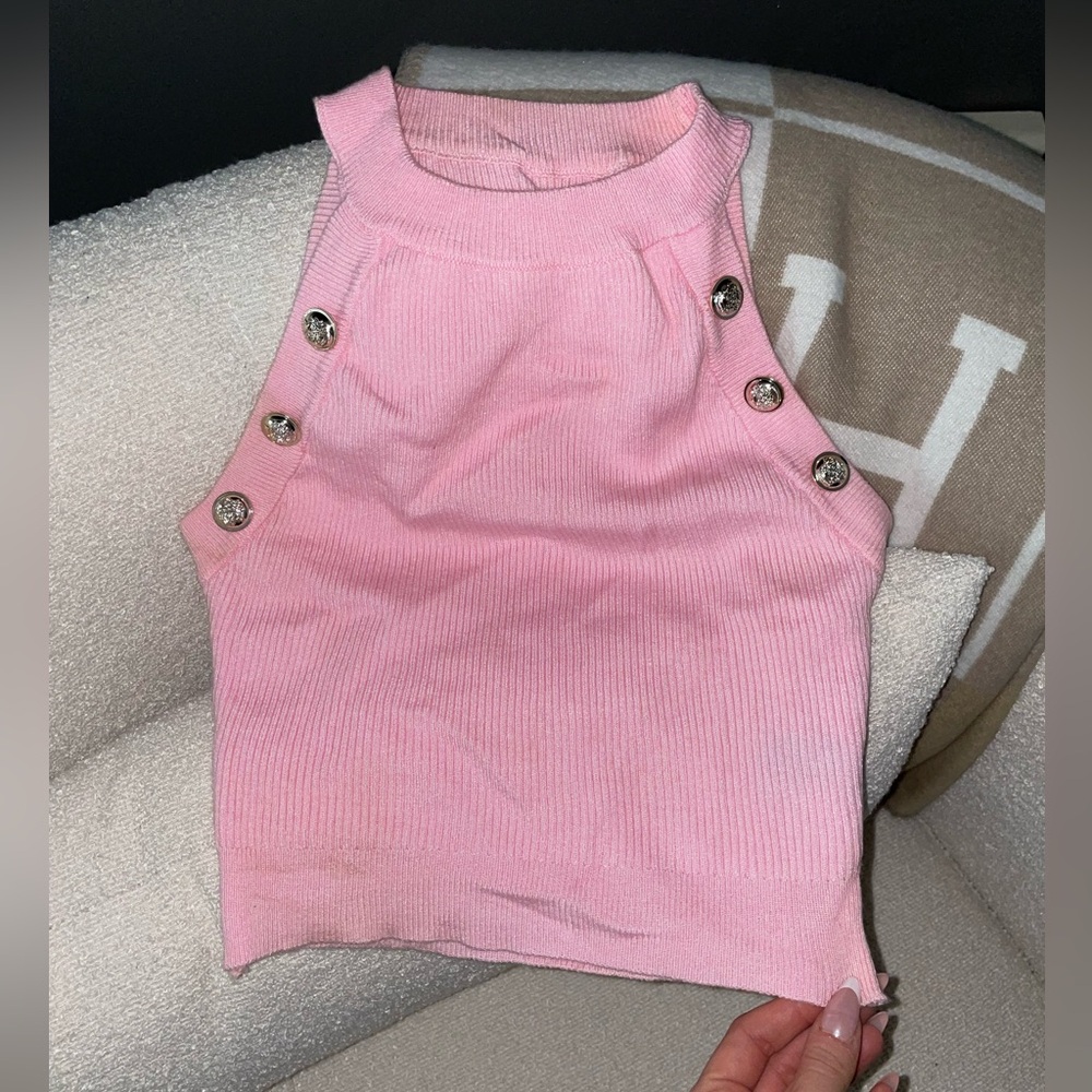 Pink Knit Button‎ Crop Top